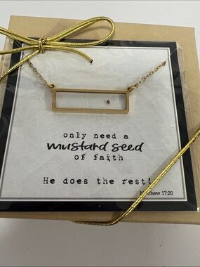 Gold Rectangular  mustard seed Bar Pendant Necklace with Inspirational Card
